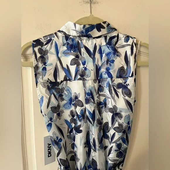 DKNY Floral Blue and White Belted Sleeveless Dress Women’s Size 2 - Picture 2 of 14